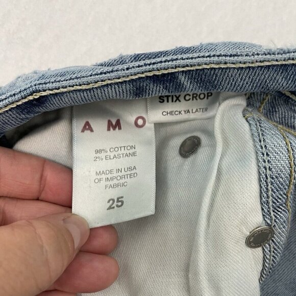 AMO Cropped Distressed Raw Hem Skinny Jeans Stretch Denim Light Wash size 25 - Picture 12 of 13